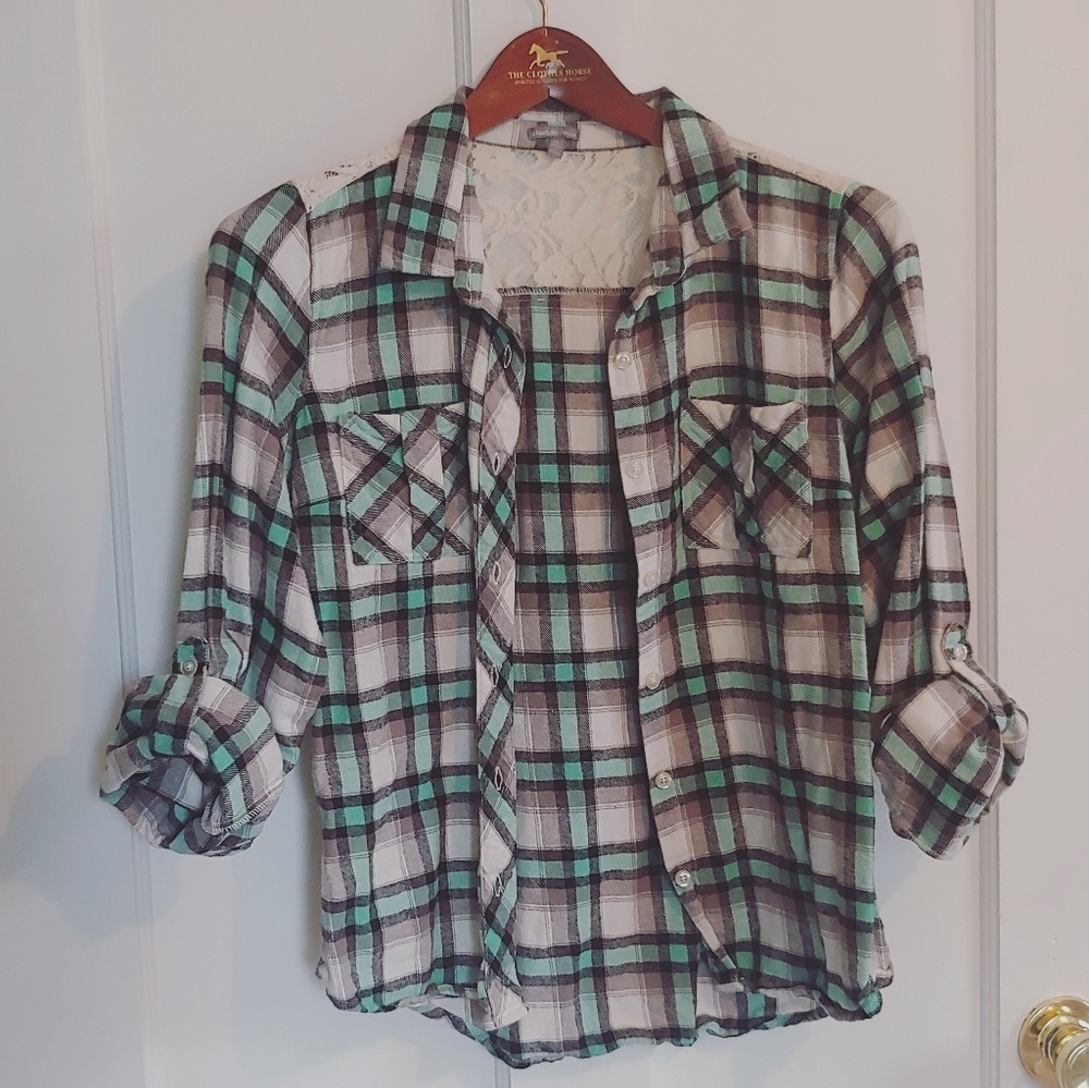 ⚡2 for $15⚡Button Up Plaid Top with Lace Detail